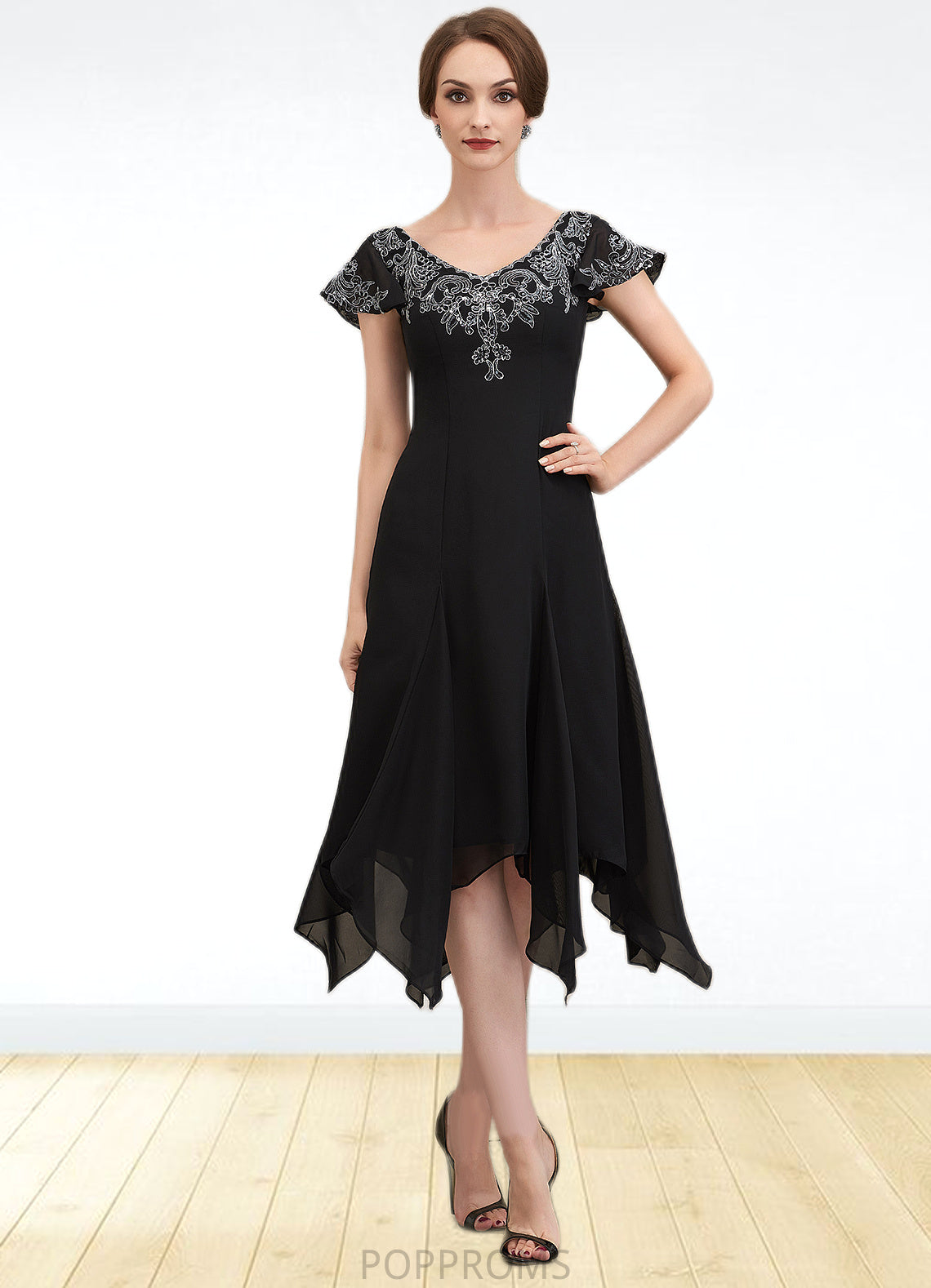 Krystal A-Line V-neck Tea-Length Chiffon Lace Mother of the Bride Dress With Sequins PP6126P0014967