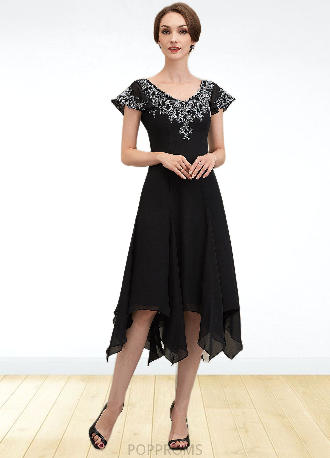 Krystal A-Line V-neck Tea-Length Chiffon Lace Mother of the Bride Dress With Sequins PP6126P0014967