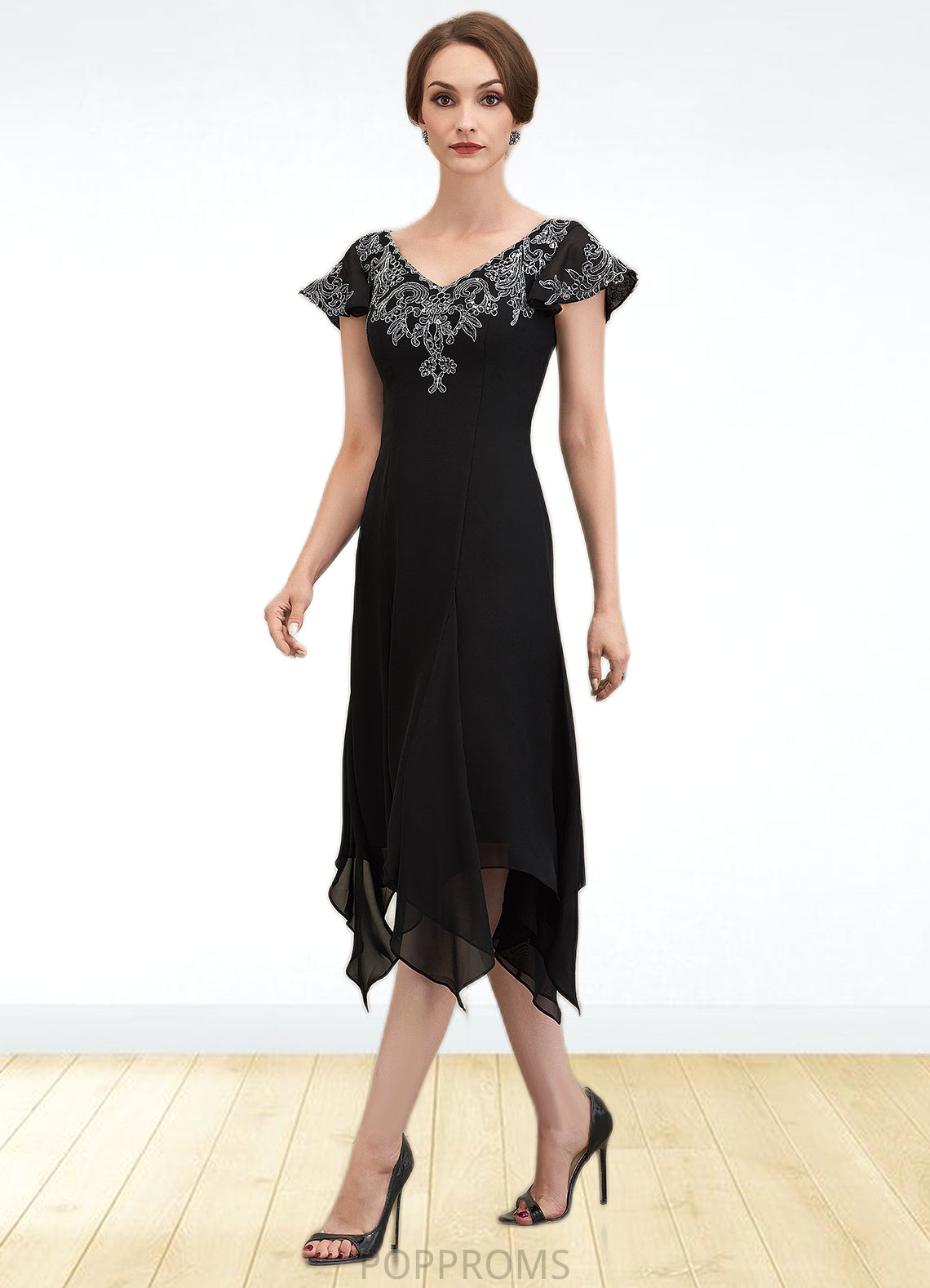 Krystal A-Line V-neck Tea-Length Chiffon Lace Mother of the Bride Dress With Sequins PP6126P0014967