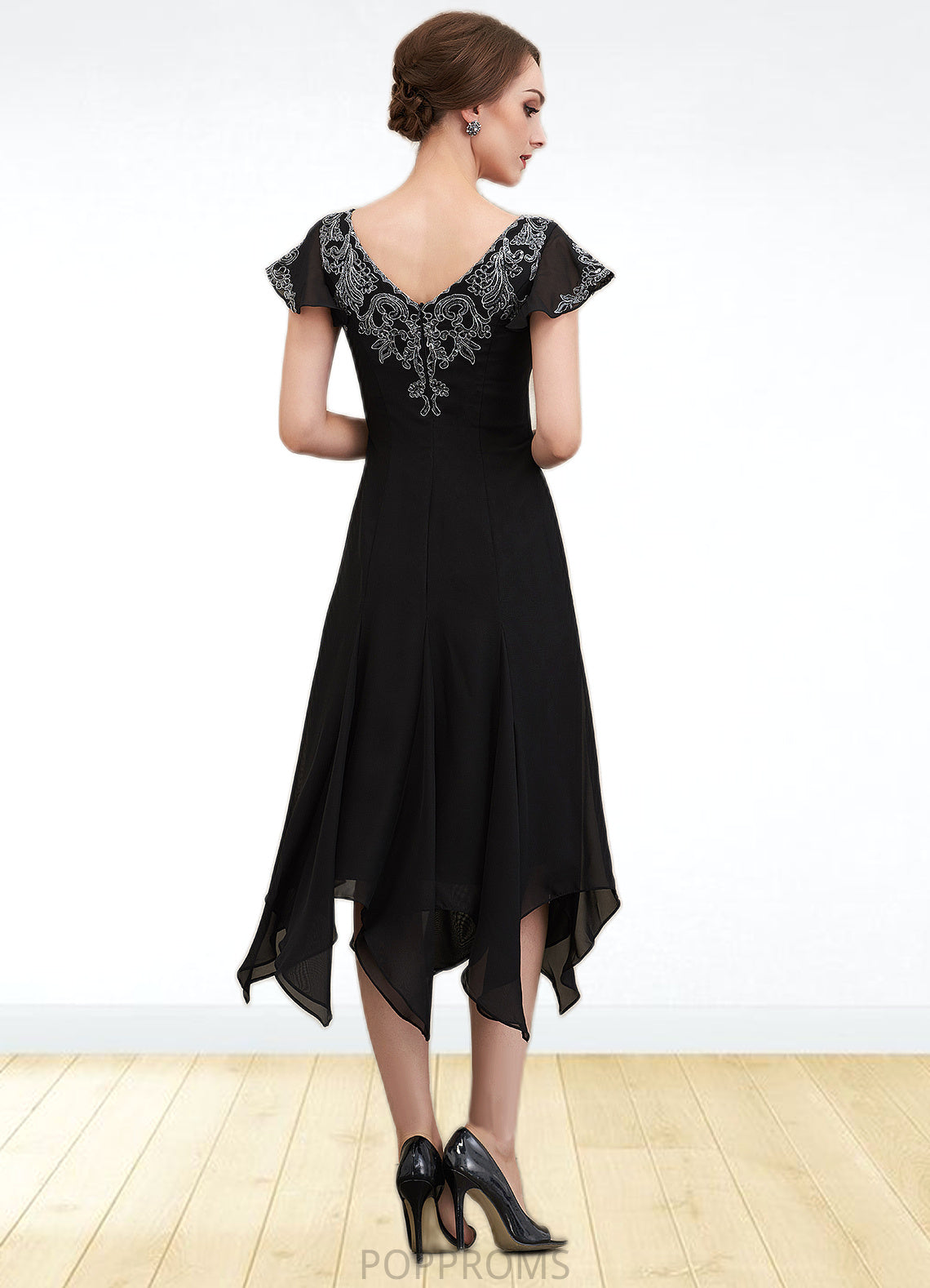 Krystal A-Line V-neck Tea-Length Chiffon Lace Mother of the Bride Dress With Sequins PP6126P0014967