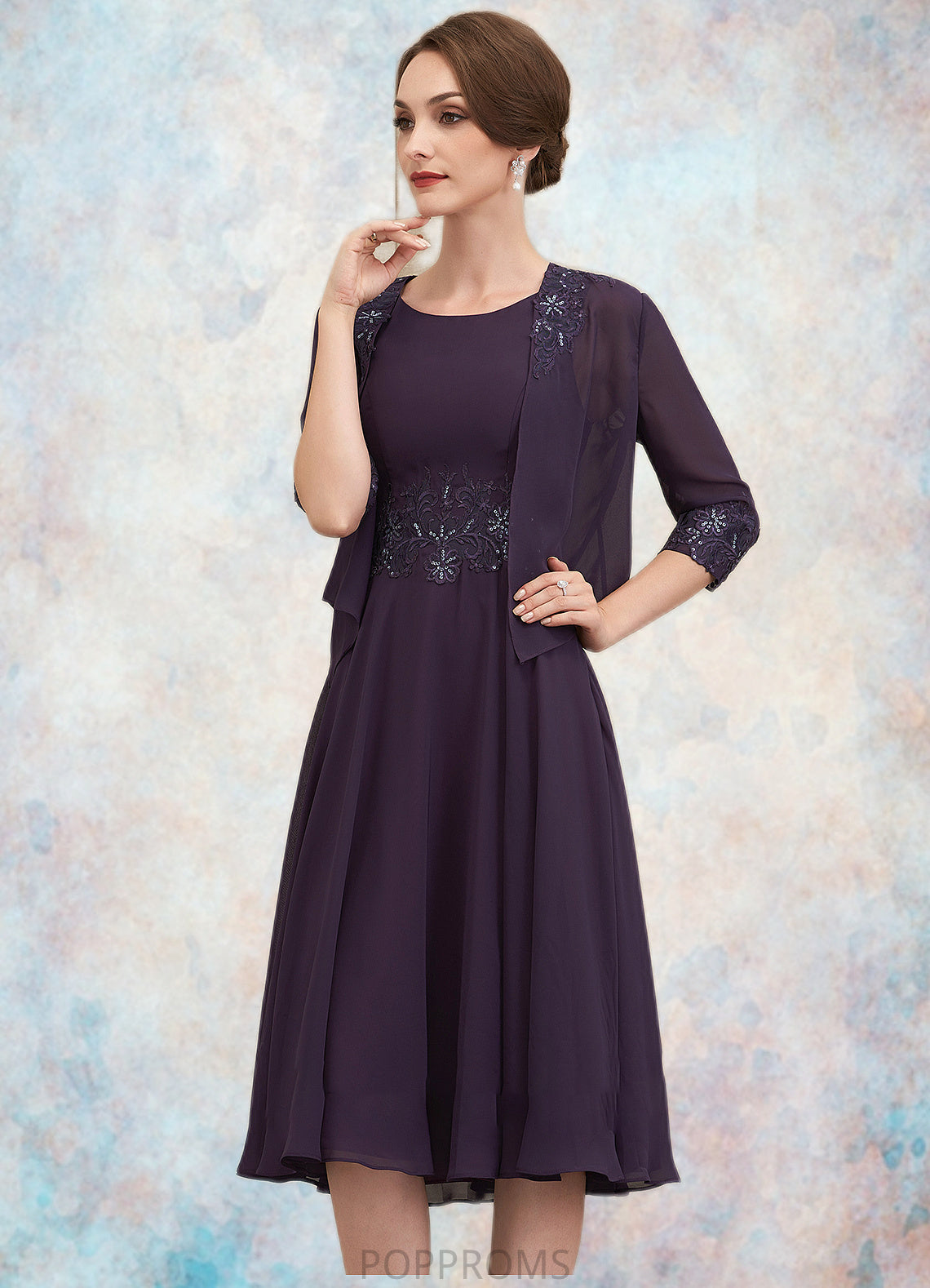 Naomi A-Line Scoop Neck Knee-Length Chiffon Lace Mother of the Bride Dress With Sequins PP6126P0014968