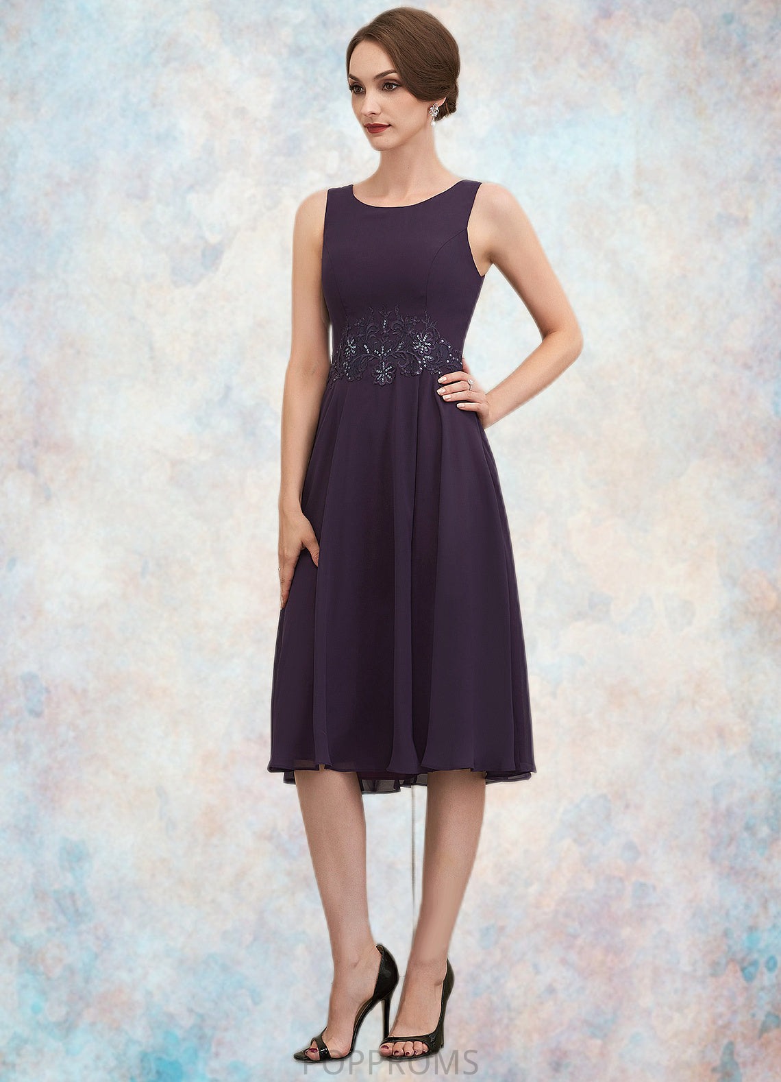 Naomi A-Line Scoop Neck Knee-Length Chiffon Lace Mother of the Bride Dress With Sequins PP6126P0014968