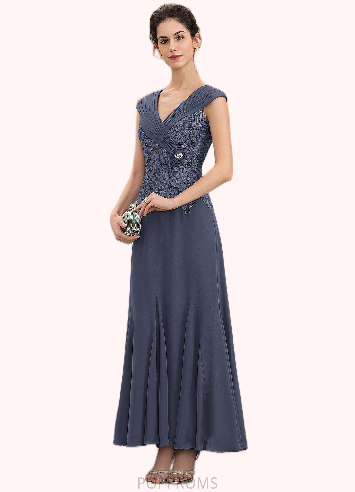 Nola A-Line V-neck Ankle-Length Chiffon Lace Mother of the Bride Dress With Ruffle Beading PP6126P0014971