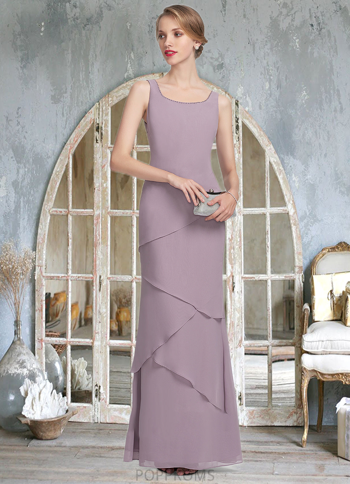 Karma Sheath/Column Scoop Neck Floor-Length Chiffon Mother of the Bride Dress With Beading Cascading Ruffles PP6126P0014975