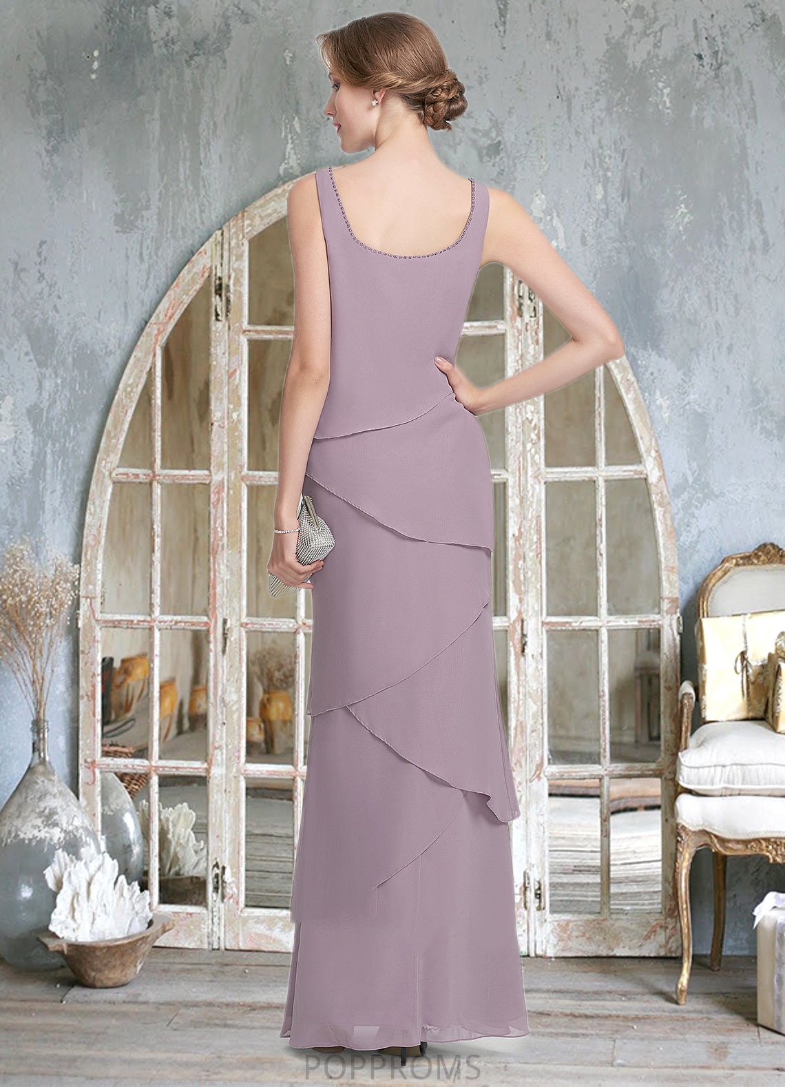 Karma Sheath/Column Scoop Neck Floor-Length Chiffon Mother of the Bride Dress With Beading Cascading Ruffles PP6126P0014975