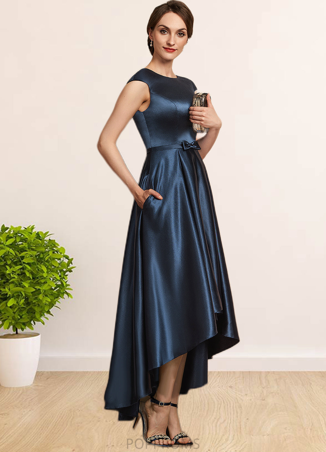 Janae A-Line Scoop Neck Asymmetrical Satin Mother of the Bride Dress With Bow(s) Pockets PP6126P0014976