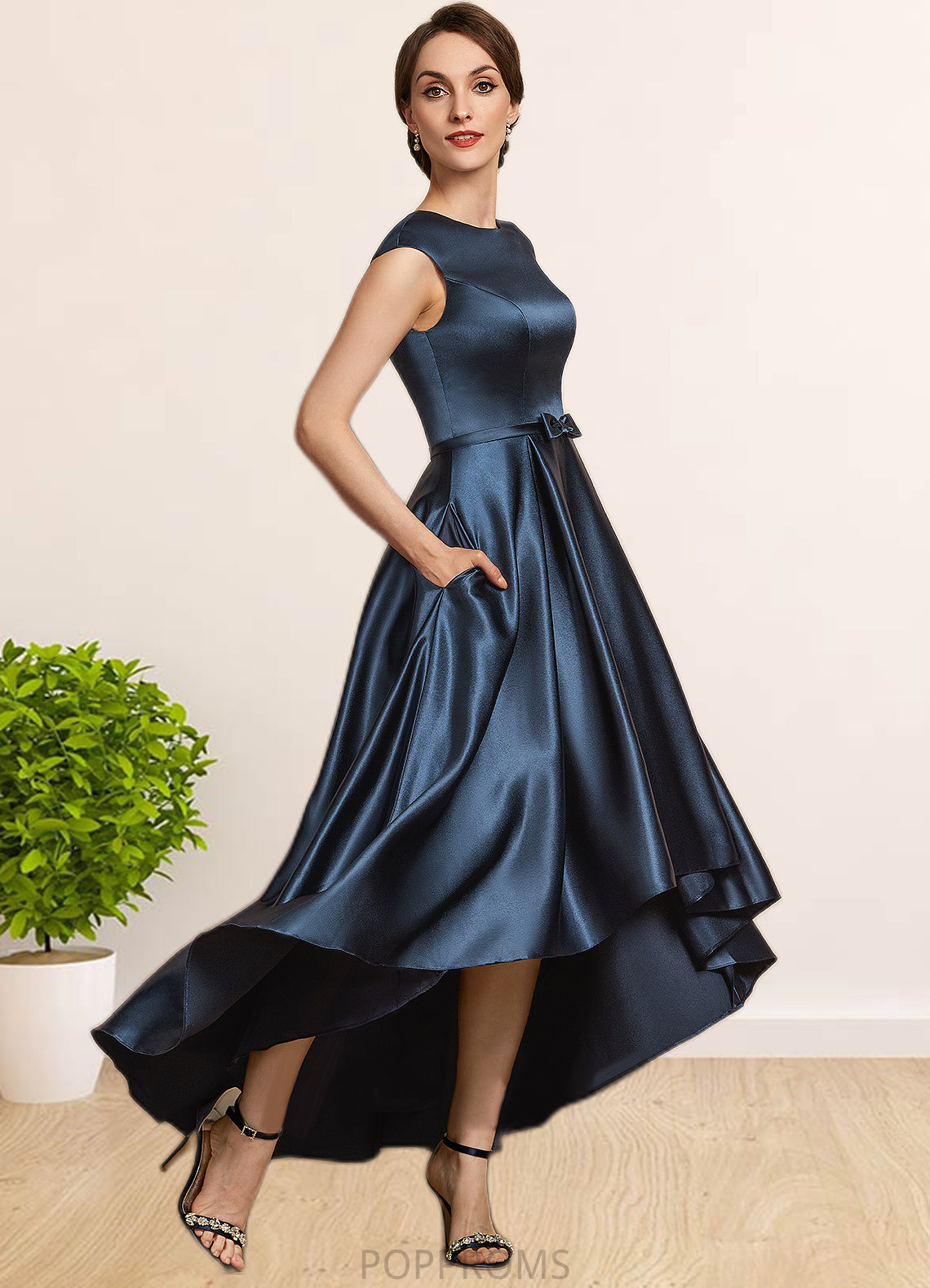 Janae A-Line Scoop Neck Asymmetrical Satin Mother of the Bride Dress With Bow(s) Pockets PP6126P0014976