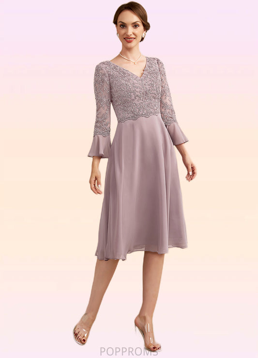 Yesenia A-Line V-neck Knee-Length Chiffon Lace Mother of the Bride Dress With Sequins Cascading Ruffles PP6126P0014977