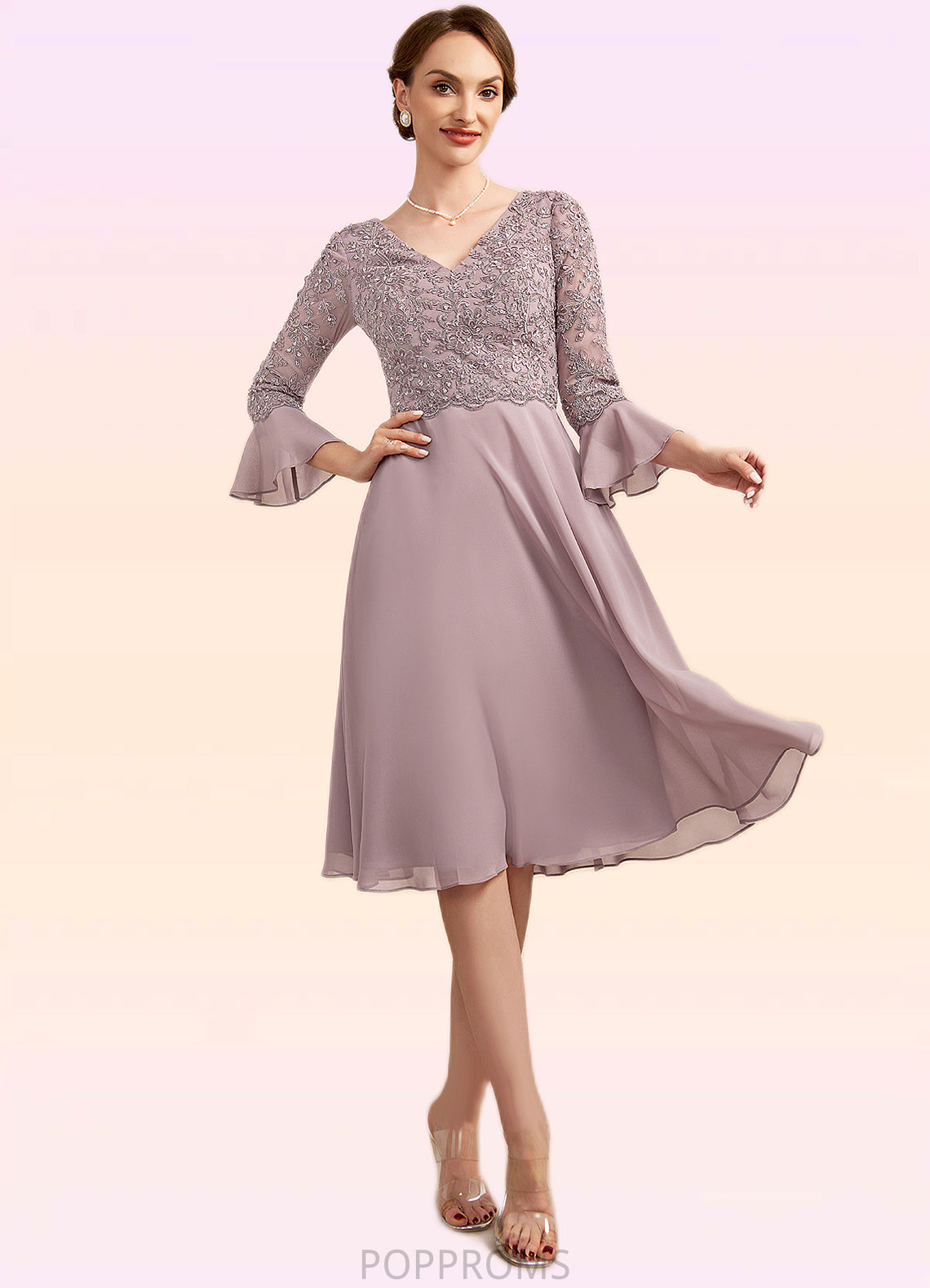 Yesenia A-Line V-neck Knee-Length Chiffon Lace Mother of the Bride Dress With Sequins Cascading Ruffles PP6126P0014977