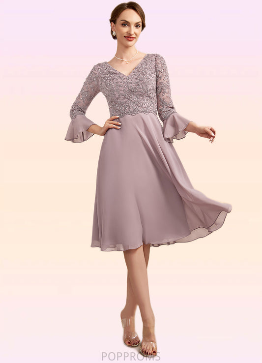 Yesenia A-Line V-neck Knee-Length Chiffon Lace Mother of the Bride Dress With Sequins Cascading Ruffles PP6126P0014977