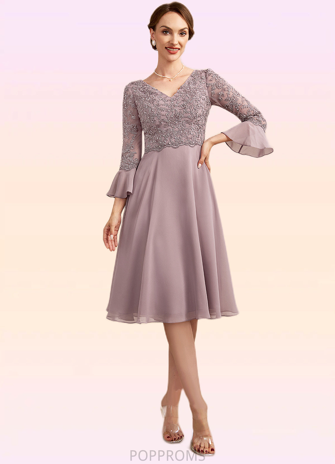 Yesenia A-Line V-neck Knee-Length Chiffon Lace Mother of the Bride Dress With Sequins Cascading Ruffles PP6126P0014977