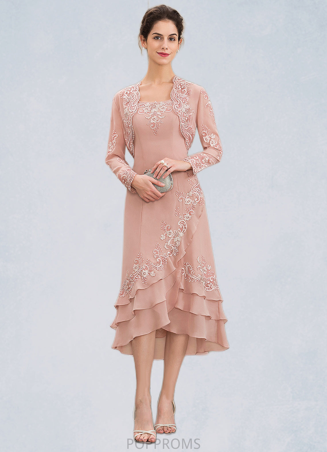 Undine A-Line Square Neckline Asymmetrical Chiffon Mother of the Bride Dress With Appliques Lace Cascading Ruffles PP6126P0014978