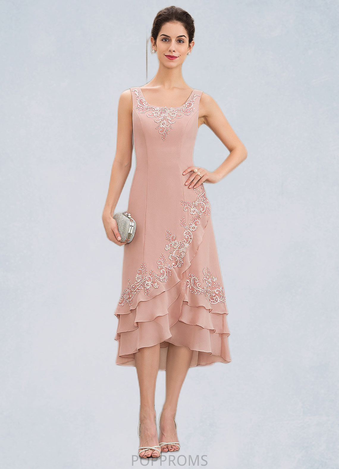 Undine A-Line Square Neckline Asymmetrical Chiffon Mother of the Bride Dress With Appliques Lace Cascading Ruffles PP6126P0014978