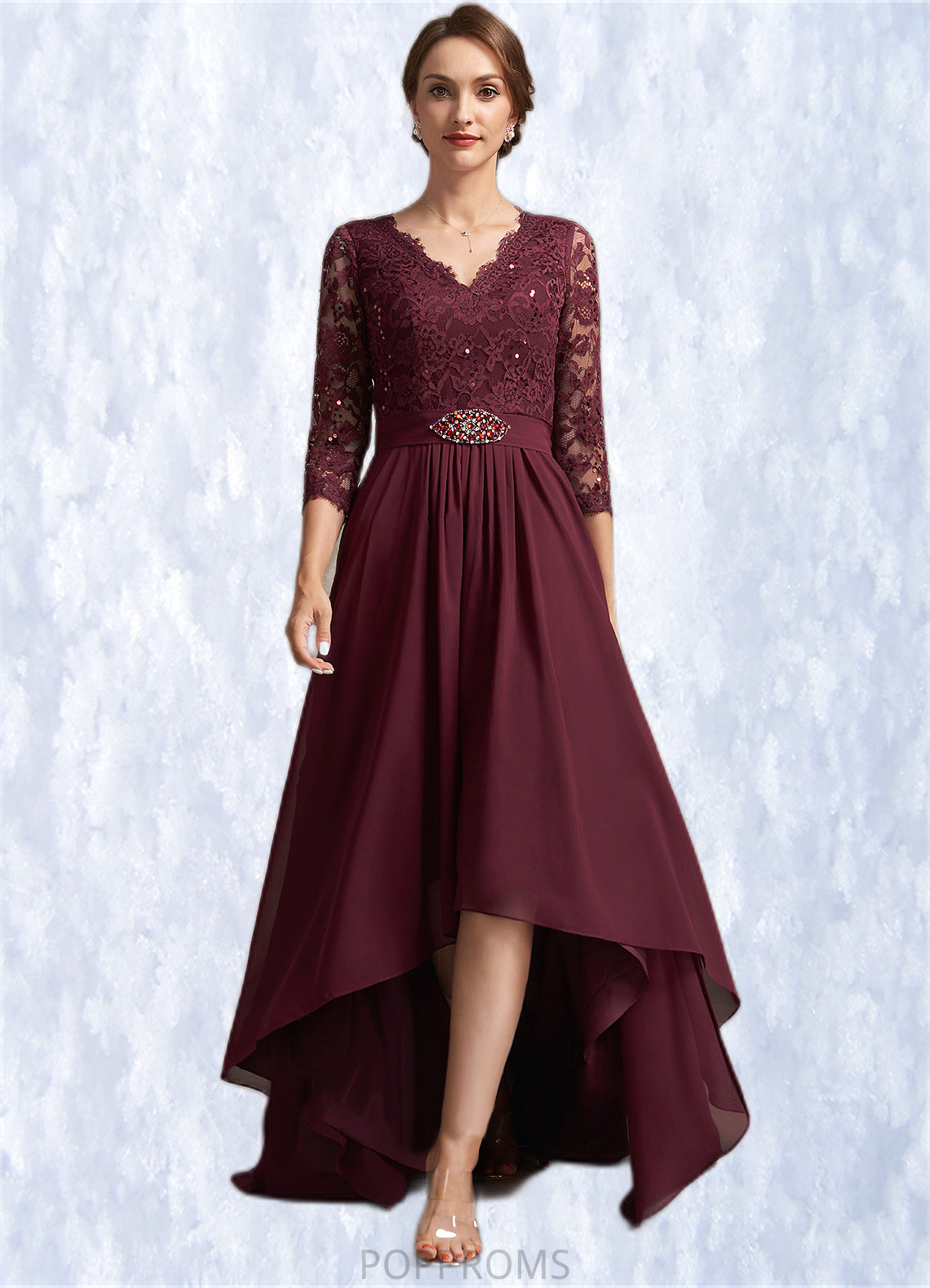 Roberta A-Line V-neck Asymmetrical Chiffon Lace Mother of the Bride Dress With Beading Sequins PP6126P0014980