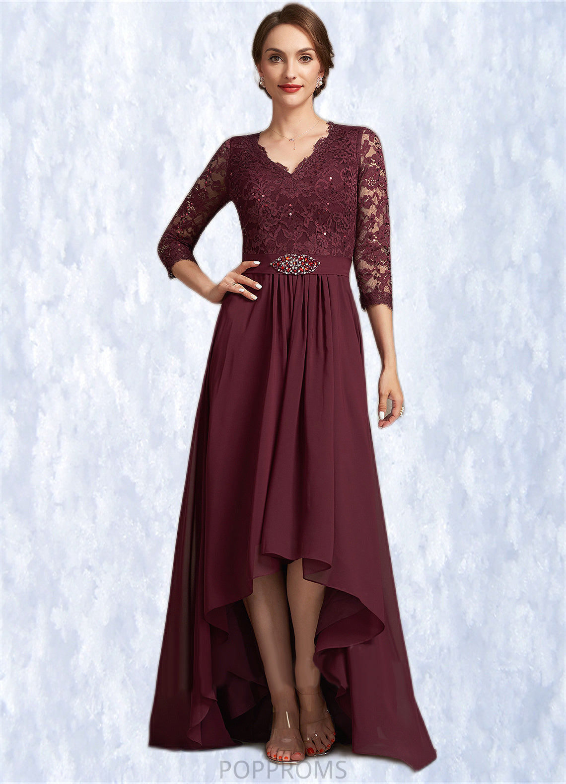 Roberta A-Line V-neck Asymmetrical Chiffon Lace Mother of the Bride Dress With Beading Sequins PP6126P0014980