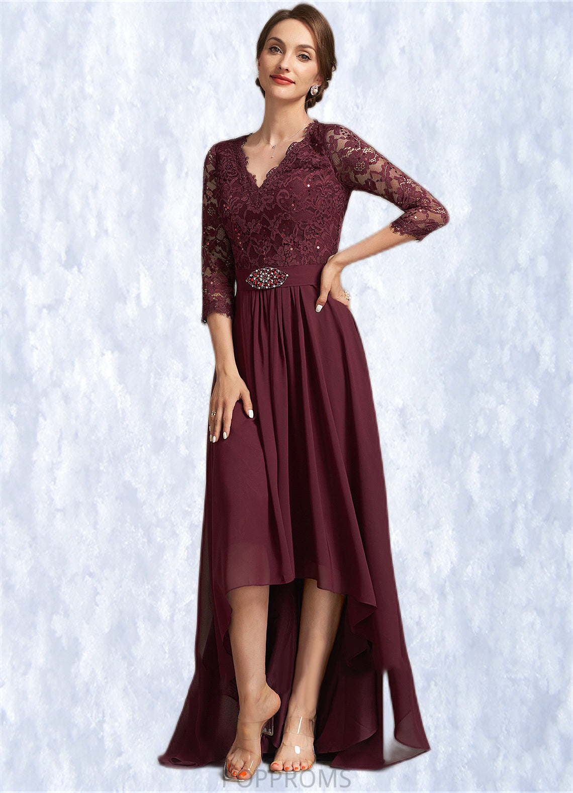 Roberta A-Line V-neck Asymmetrical Chiffon Lace Mother of the Bride Dress With Beading Sequins PP6126P0014980