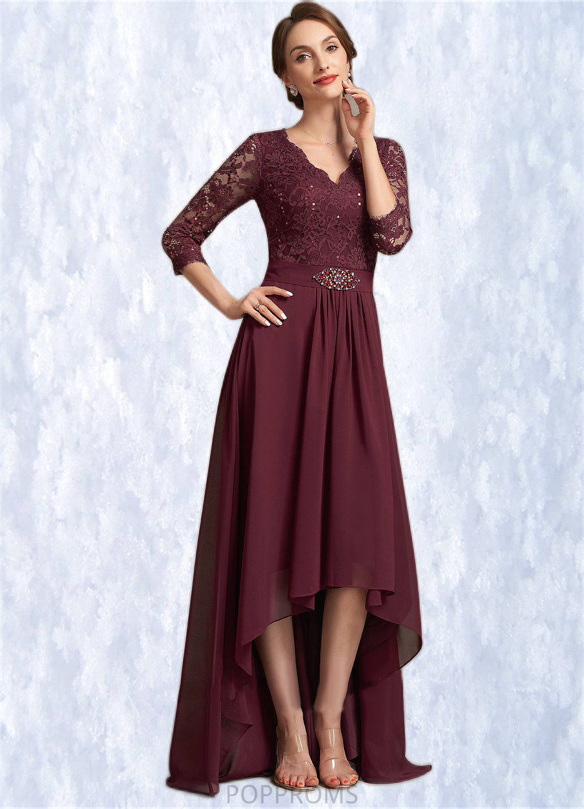 Roberta A-Line V-neck Asymmetrical Chiffon Lace Mother of the Bride Dress With Beading Sequins PP6126P0014980