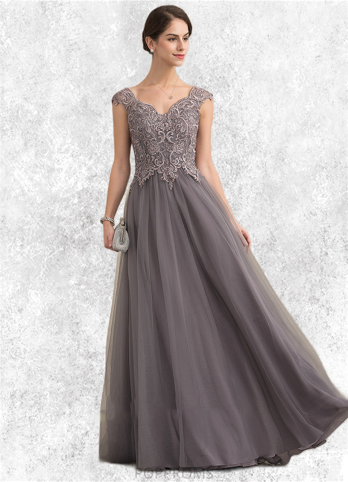 Emery A-Line/Princess V-neck Floor-Length Tulle Lace Mother of the Bride Dress With Sequins PP6126P0014985