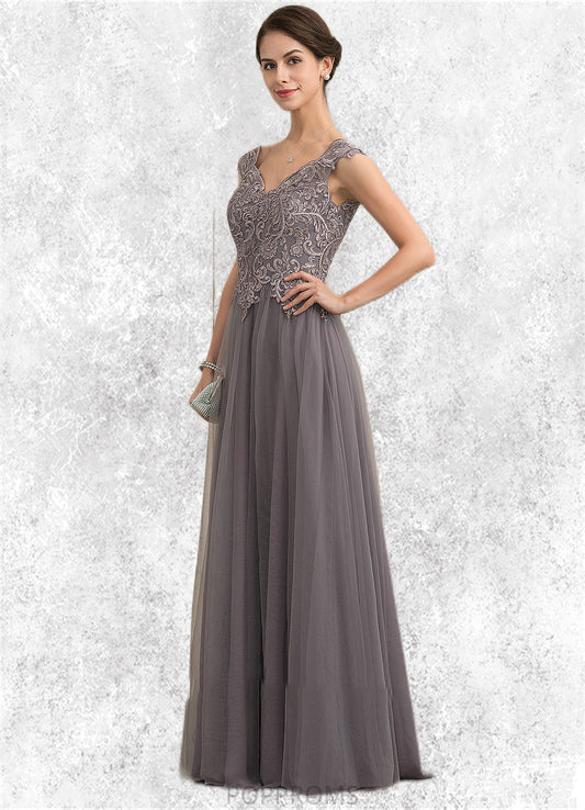 Emery A-Line/Princess V-neck Floor-Length Tulle Lace Mother of the Bride Dress With Sequins PP6126P0014985