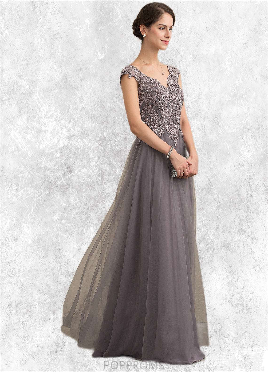 Emery A-Line/Princess V-neck Floor-Length Tulle Lace Mother of the Bride Dress With Sequins PP6126P0014985