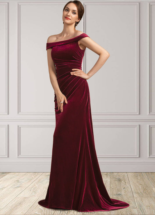 Heather Trumpet/Mermaid Off-the-Shoulder Sweep Train Velvet Mother of the Bride Dress With Ruffle PP6126P0014988