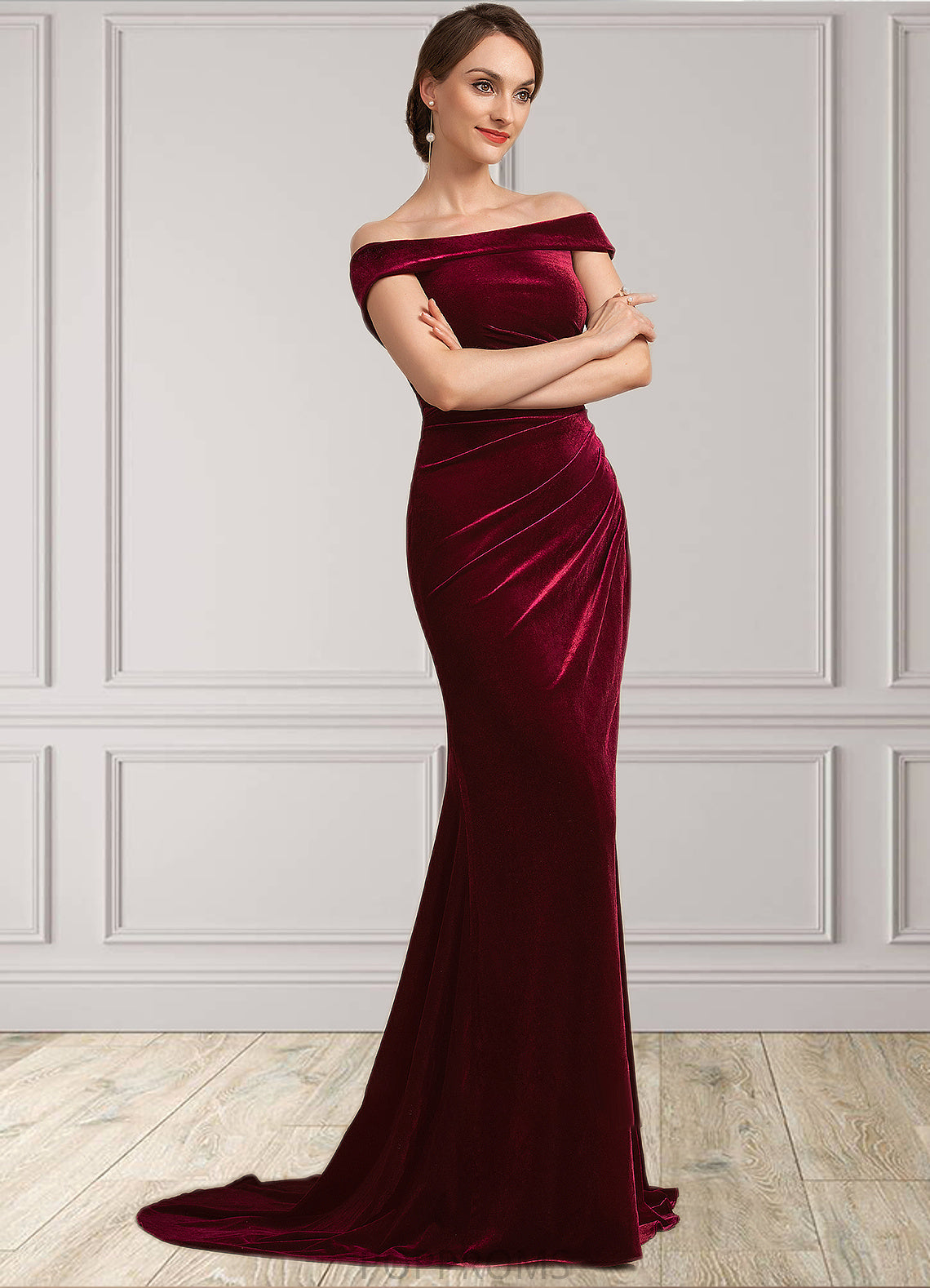 Heather Trumpet/Mermaid Off-the-Shoulder Sweep Train Velvet Mother of the Bride Dress With Ruffle PP6126P0014988