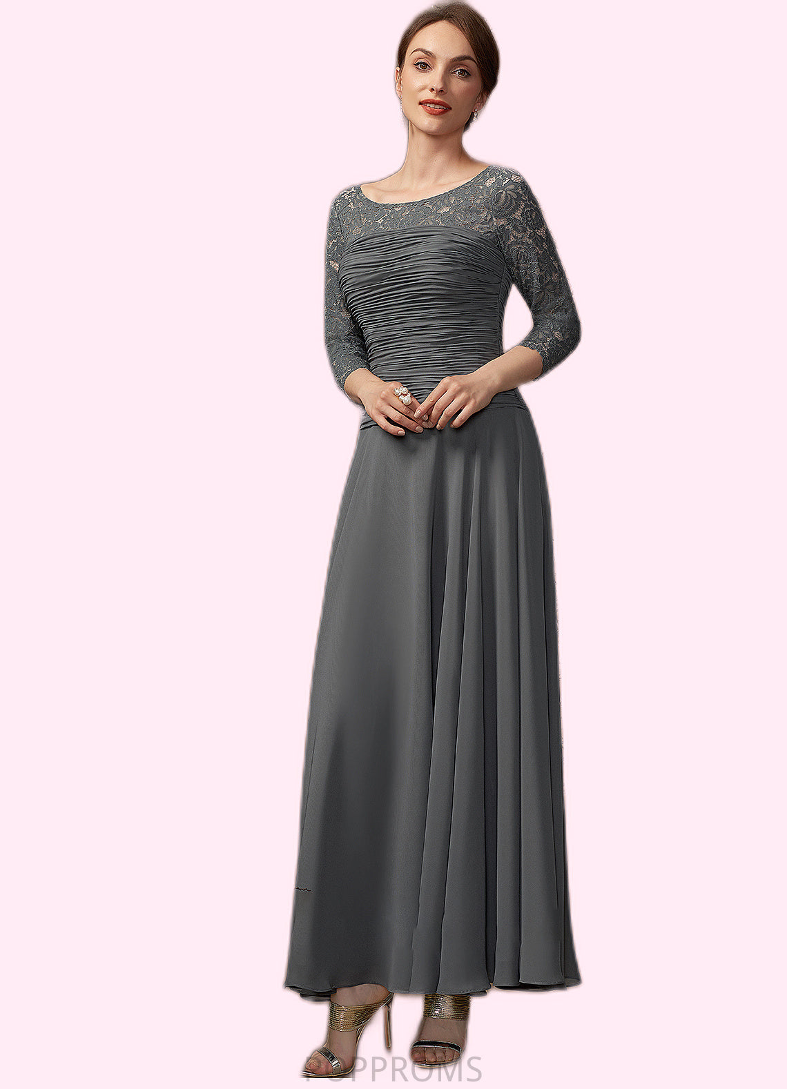 Amari A-Line Scoop Neck Ankle-Length Chiffon Lace Mother of the Bride Dress With Ruffle PP6126P0014990