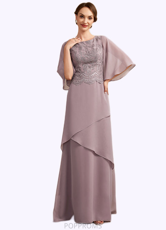 Zoey A-Line Scoop Neck Floor-Length Chiffon Lace Mother of the Bride Dress With Sequins Cascading Ruffles PP6126P0014991