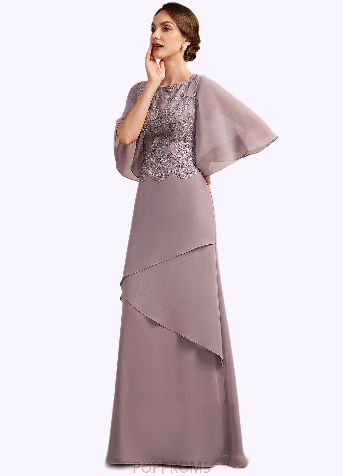 Zoey A-Line Scoop Neck Floor-Length Chiffon Lace Mother of the Bride Dress With Sequins Cascading Ruffles PP6126P0014991