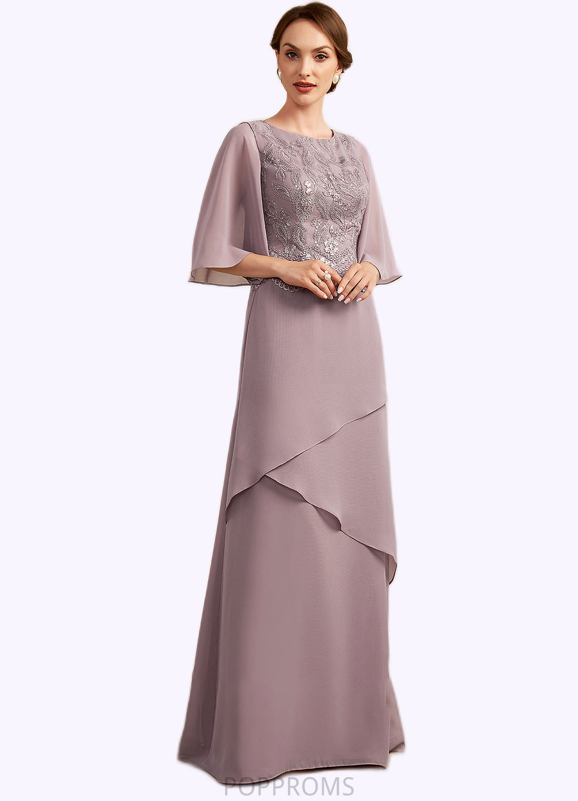 Zoey A-Line Scoop Neck Floor-Length Chiffon Lace Mother of the Bride Dress With Sequins Cascading Ruffles PP6126P0014991