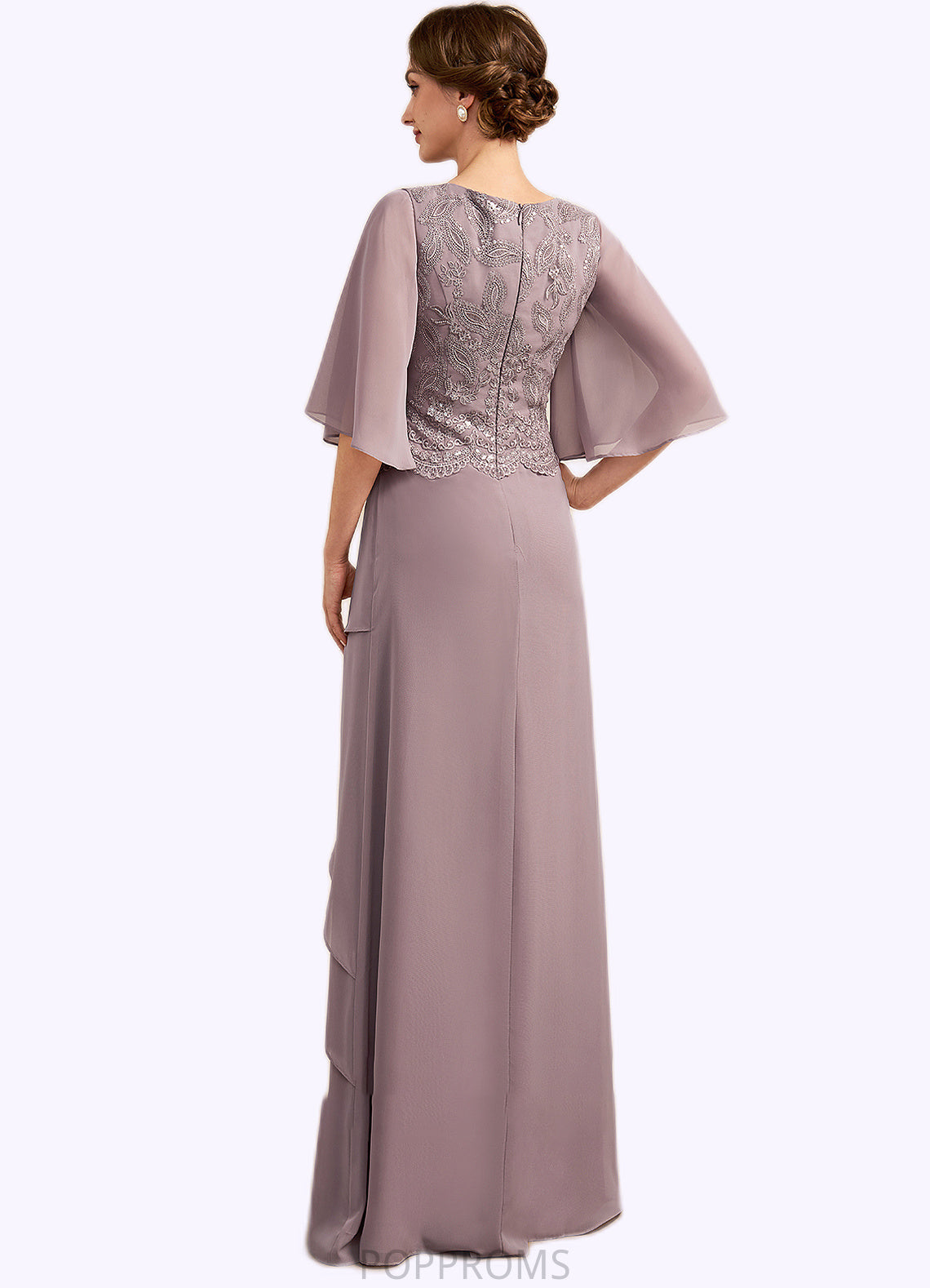 Zoey A-Line Scoop Neck Floor-Length Chiffon Lace Mother of the Bride Dress With Sequins Cascading Ruffles PP6126P0014991