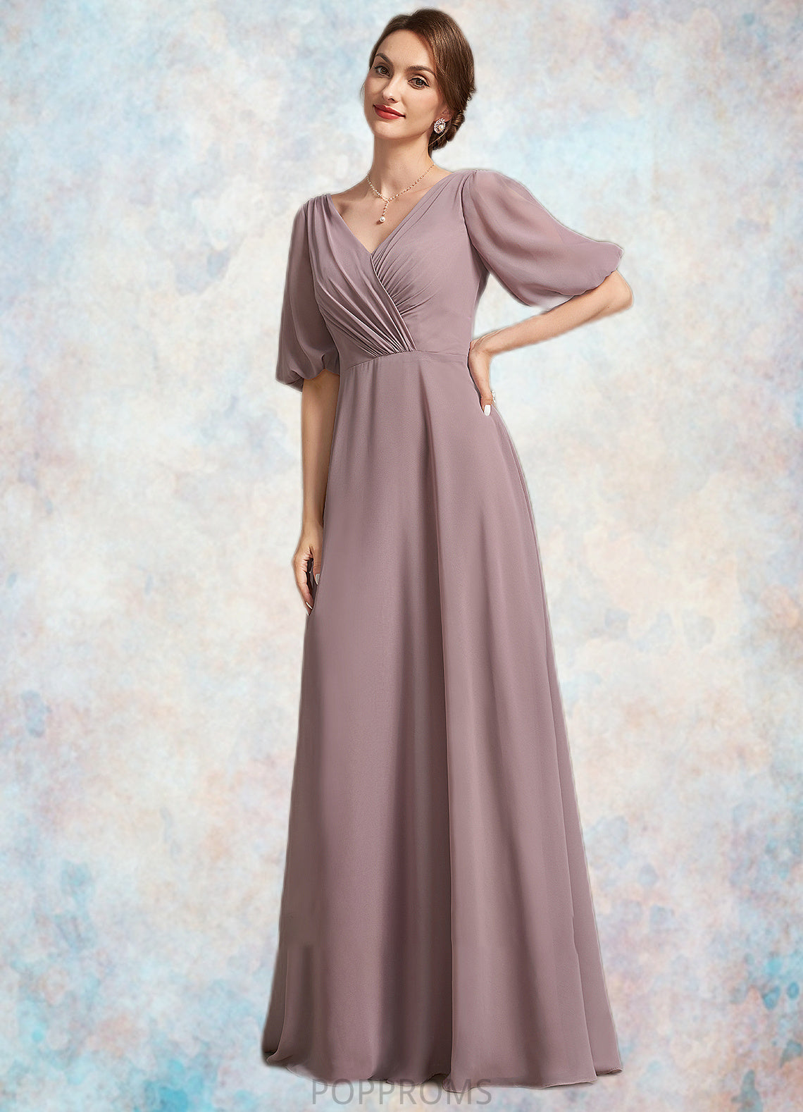 Shyann A-Line V-neck Floor-Length Chiffon Mother of the Bride Dress With Ruffle PP6126P0014992