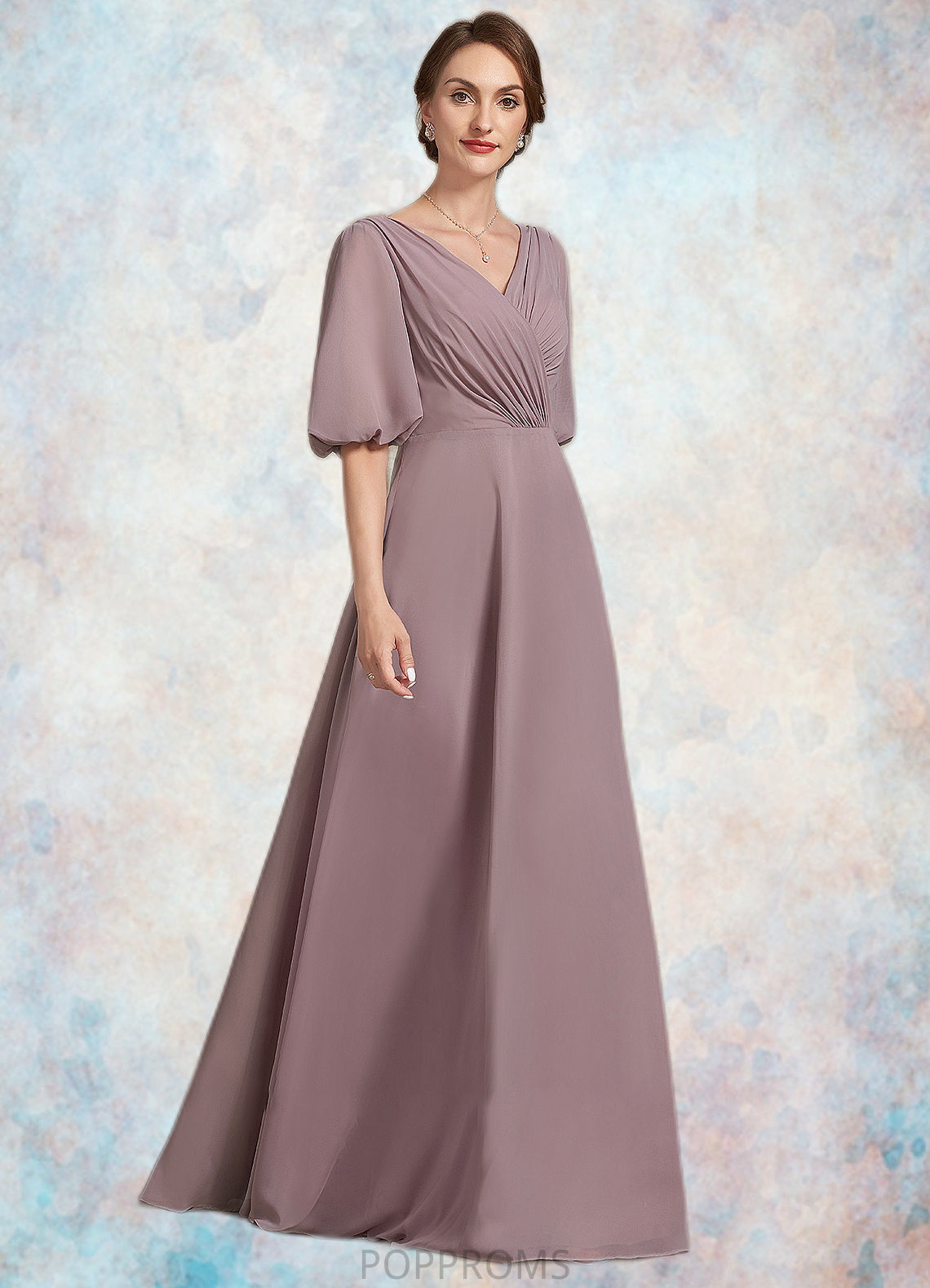 Shyann A-Line V-neck Floor-Length Chiffon Mother of the Bride Dress With Ruffle PP6126P0014992