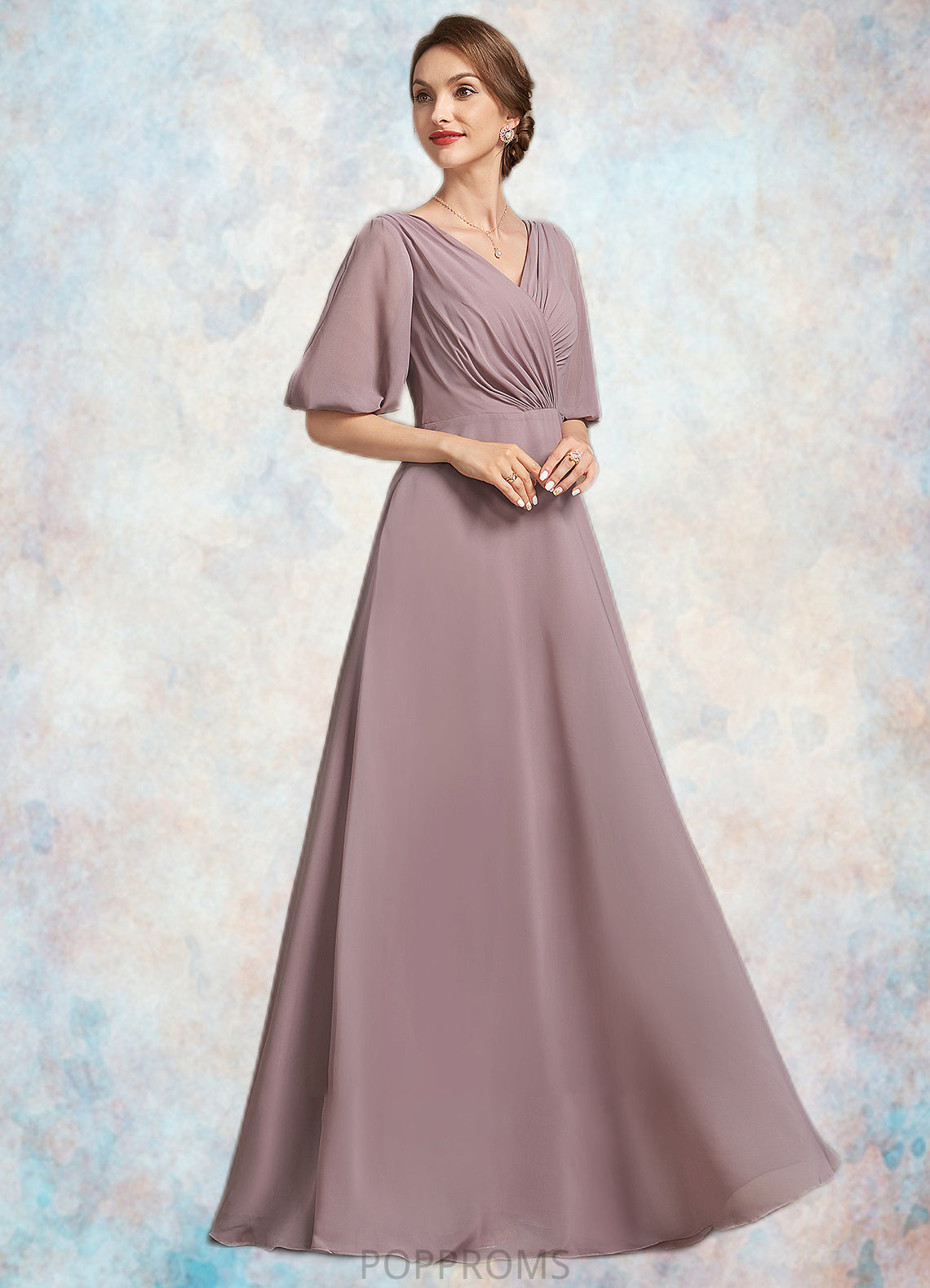 Shyann A-Line V-neck Floor-Length Chiffon Mother of the Bride Dress With Ruffle PP6126P0014992