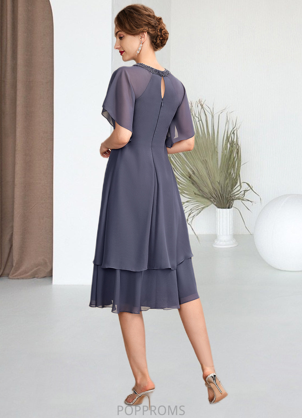 Baylee A-Line Scoop Neck Knee-Length Chiffon Mother of the Bride Dress With Beading Sequins Cascading Ruffles PP6126P0014993