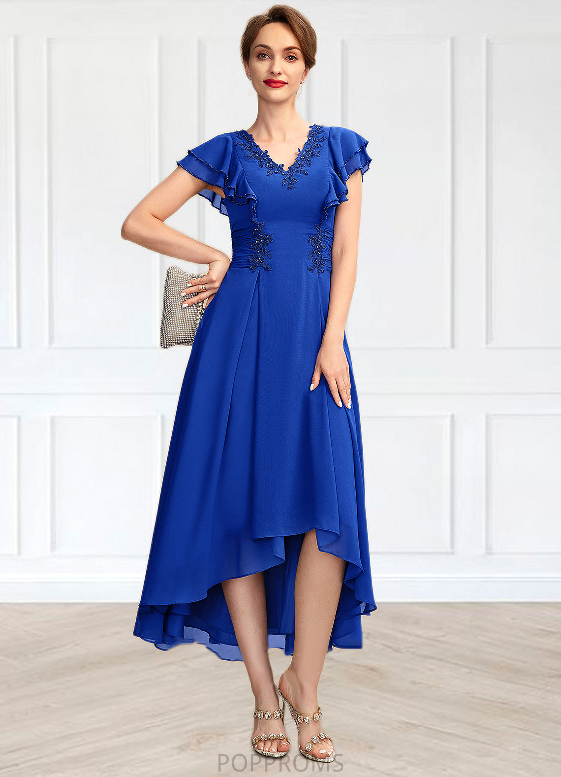 Sherry A-Line V-neck Asymmetrical Chiffon Mother of the Bride Dress With Beading Appliques Lace Sequins Cascading Ruffles PP6126P0014994