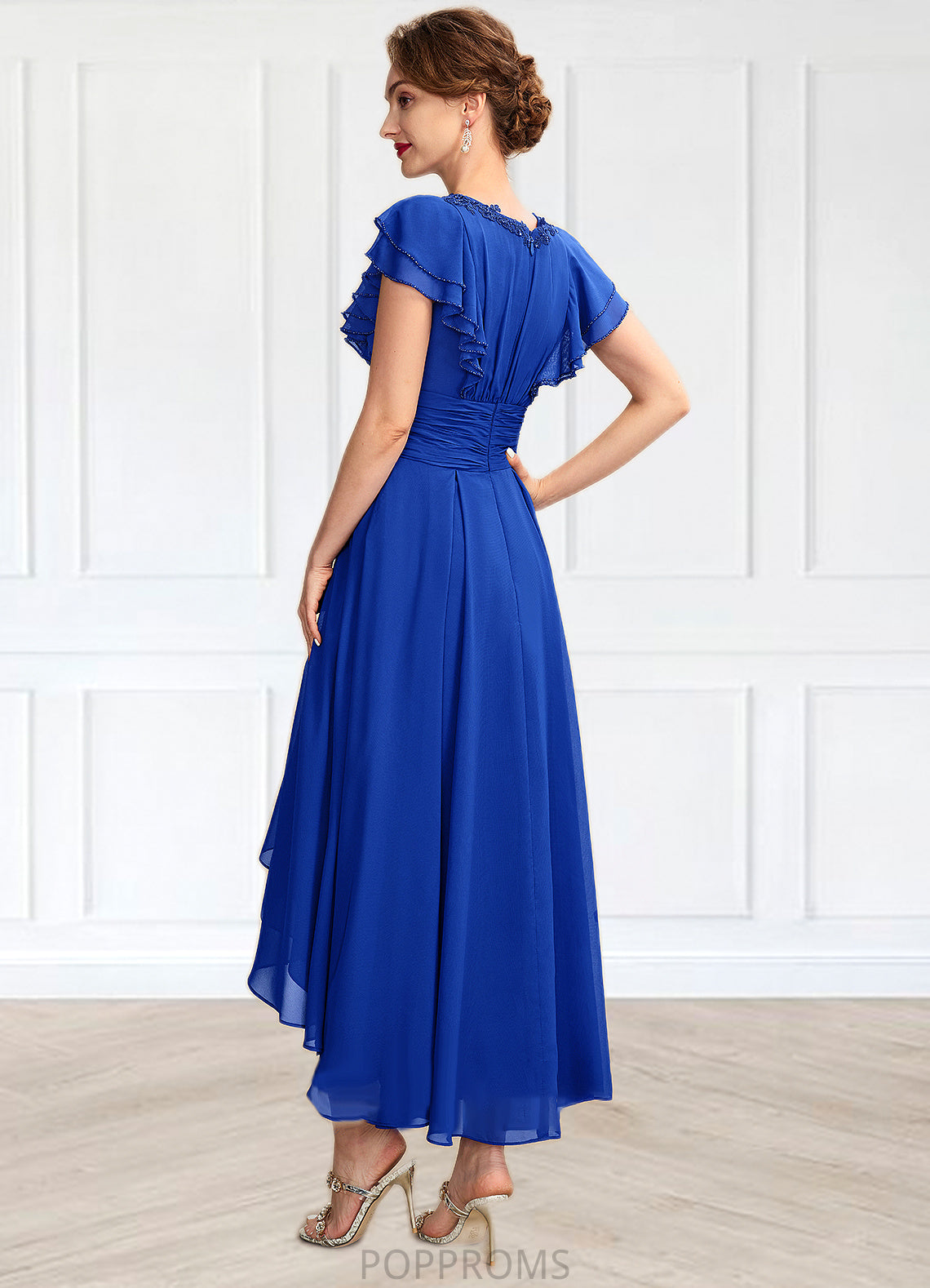 Sherry A-Line V-neck Asymmetrical Chiffon Mother of the Bride Dress With Beading Appliques Lace Sequins Cascading Ruffles PP6126P0014994