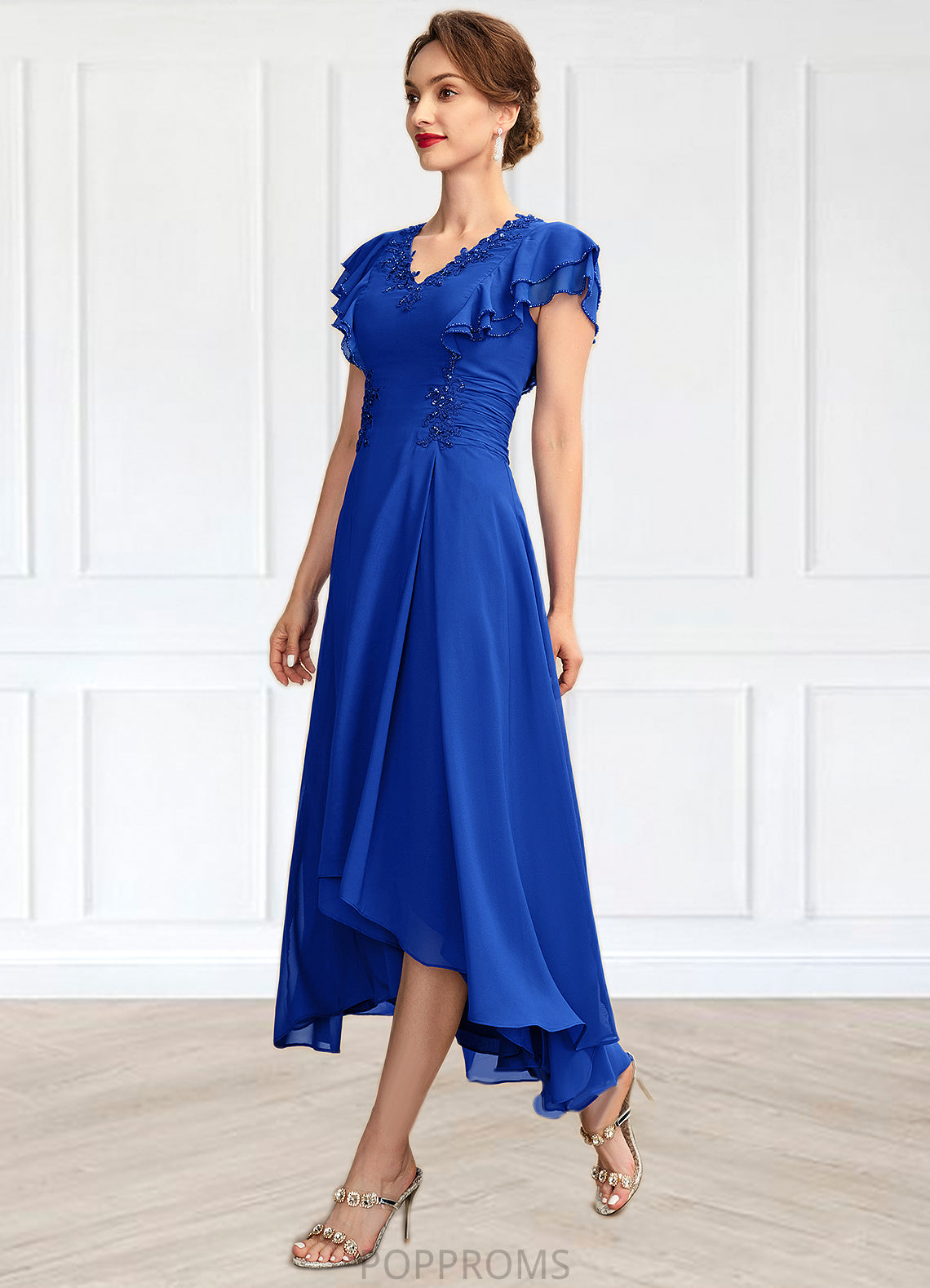 Sherry A-Line V-neck Asymmetrical Chiffon Mother of the Bride Dress With Beading Appliques Lace Sequins Cascading Ruffles PP6126P0014994