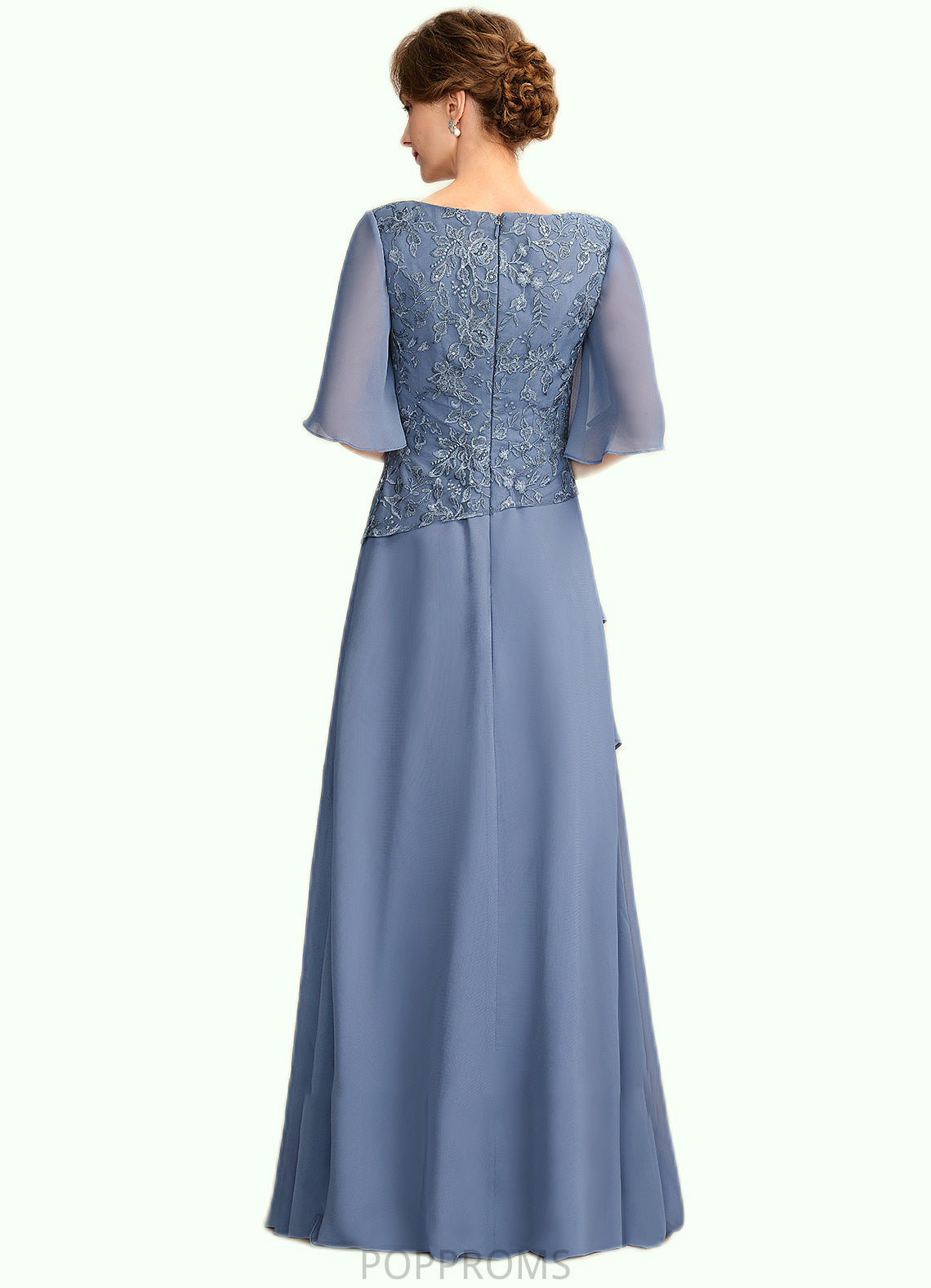 Aurora A-Line Scoop Neck Floor-Length Chiffon Lace Mother of the Bride Dress With Sequins Cascading Ruffles PP6126P0014997