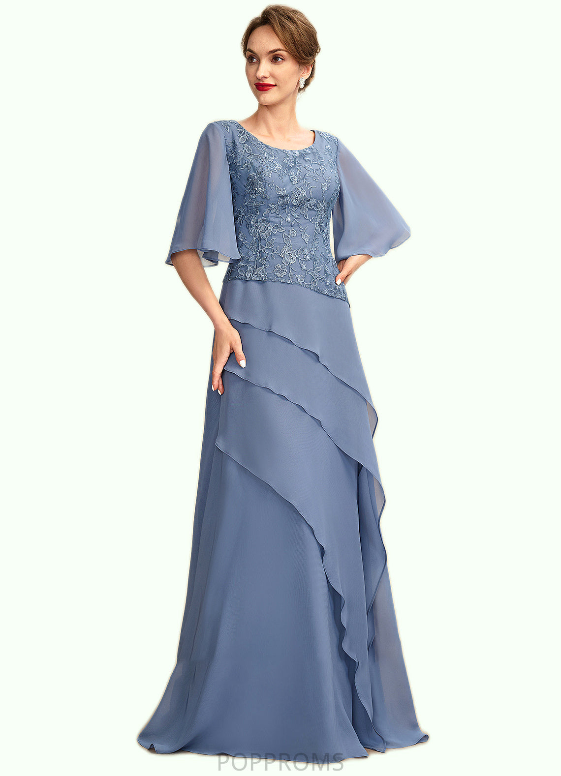 Aurora A-Line Scoop Neck Floor-Length Chiffon Lace Mother of the Bride Dress With Sequins Cascading Ruffles PP6126P0014997