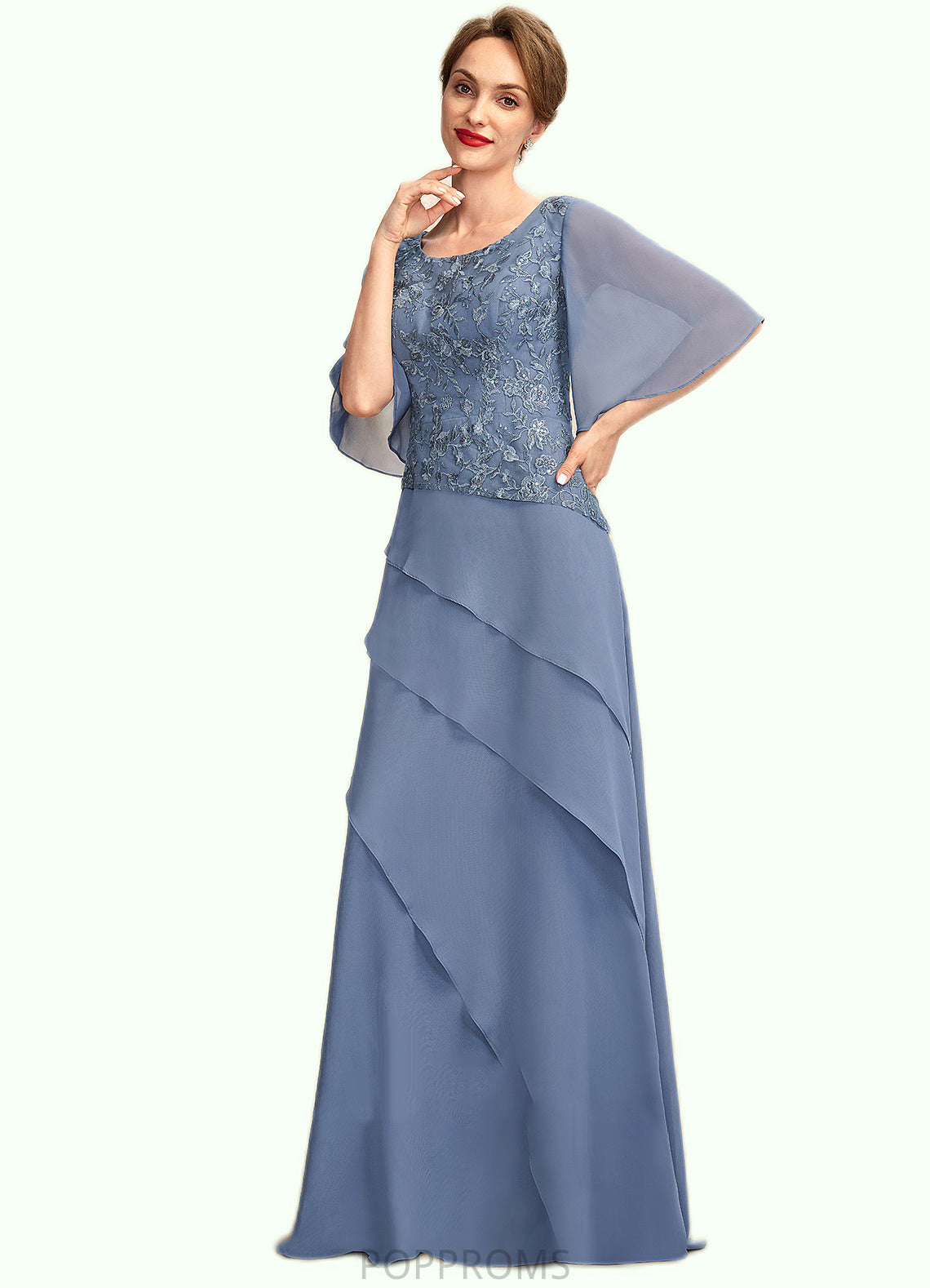 Aurora A-Line Scoop Neck Floor-Length Chiffon Lace Mother of the Bride Dress With Sequins Cascading Ruffles PP6126P0014997