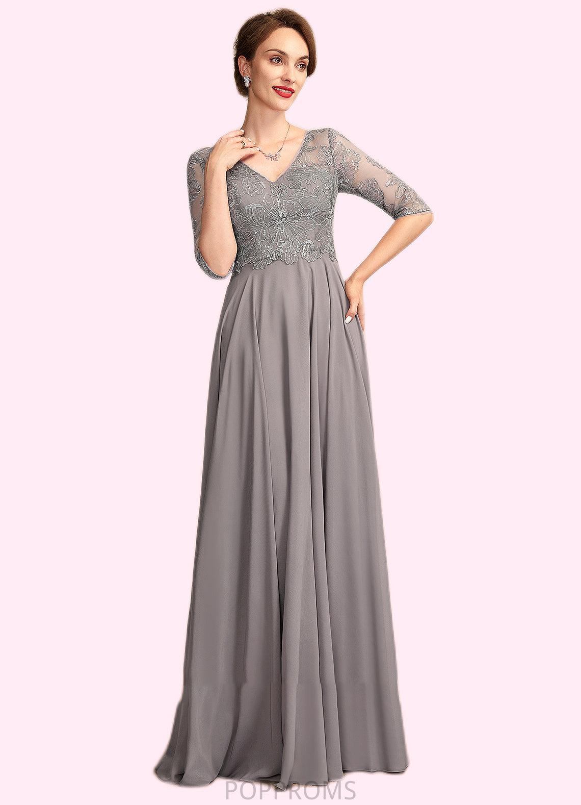 Ella A-Line V-neck Floor-Length Chiffon Lace Mother of the Bride Dress With Sequins PP6126P0014999