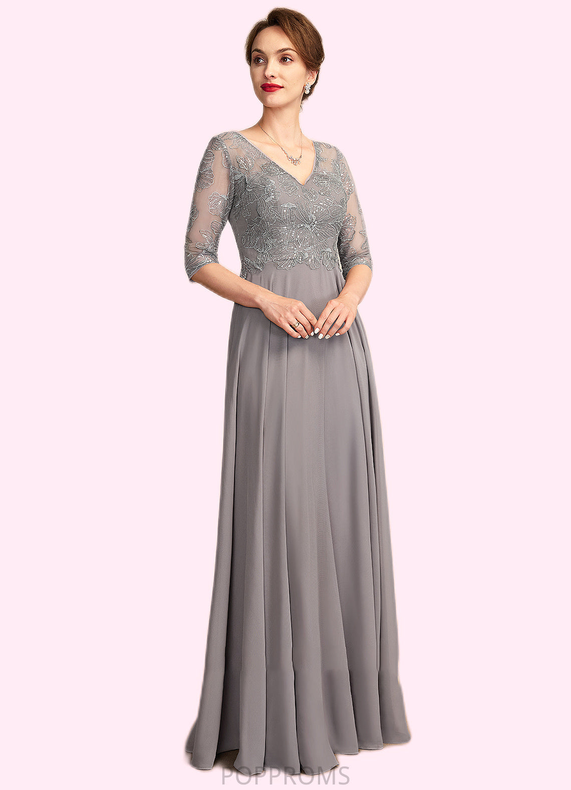 Ella A-Line V-neck Floor-Length Chiffon Lace Mother of the Bride Dress With Sequins PP6126P0014999