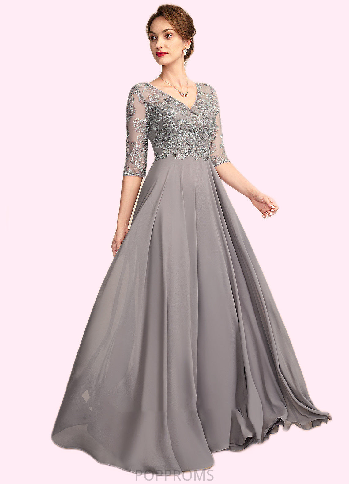 Ella A-Line V-neck Floor-Length Chiffon Lace Mother of the Bride Dress With Sequins PP6126P0014999