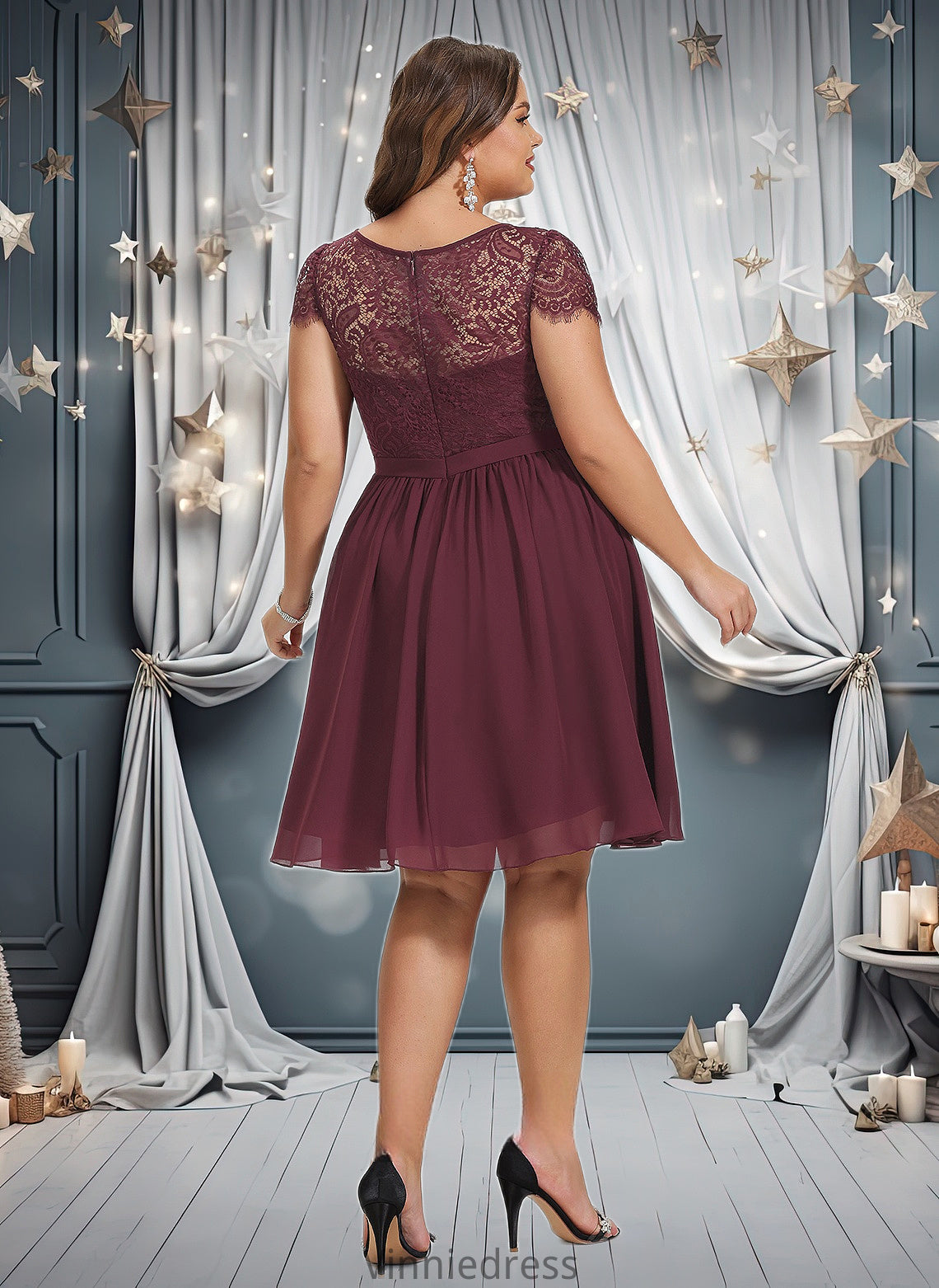 Riya A-line Scoop Knee-Length Lace Chiffon Homecoming Dress PP6P0025698