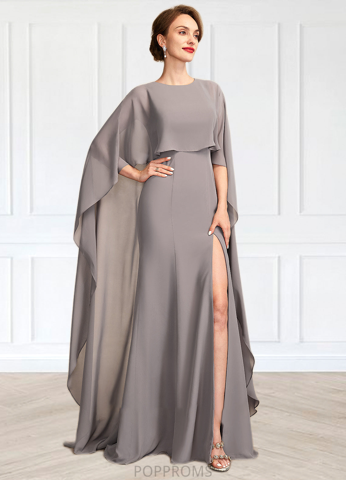 Savanna Sheath/Column Scoop Neck Sweep Train Chiffon Mother of the Bride Dress With Split Front PP6126P0015000