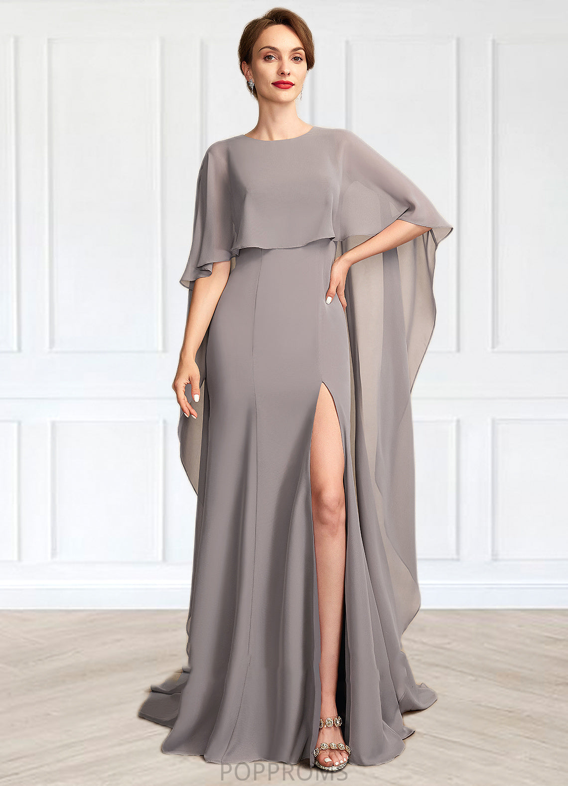 Savanna Sheath/Column Scoop Neck Sweep Train Chiffon Mother of the Bride Dress With Split Front PP6126P0015000