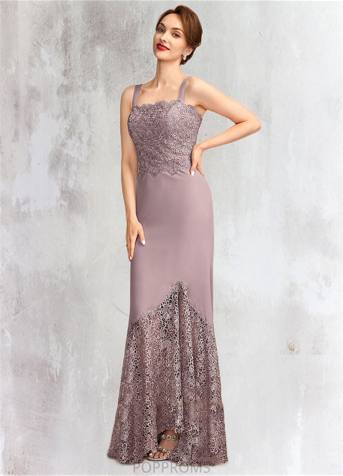 Evelin Trumpet/Mermaid Square Neckline Asymmetrical Chiffon Lace Mother of the Bride Dress PP6126P0015001