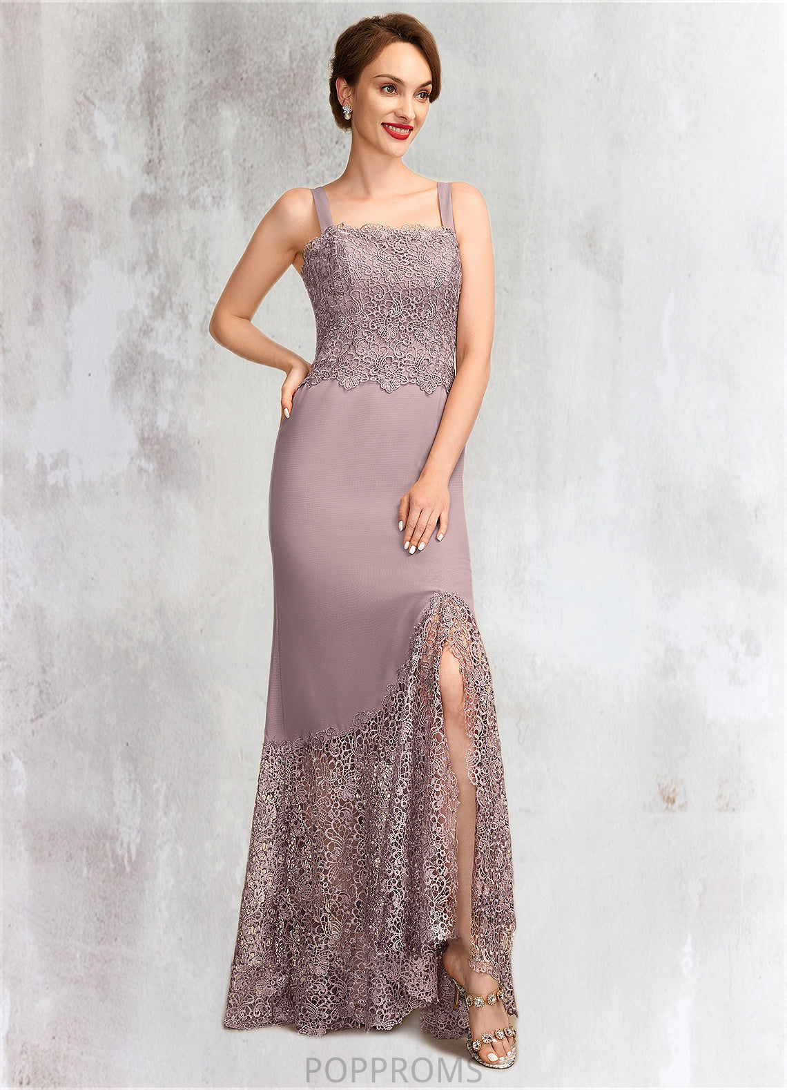 Evelin Trumpet/Mermaid Square Neckline Asymmetrical Chiffon Lace Mother of the Bride Dress PP6126P0015001