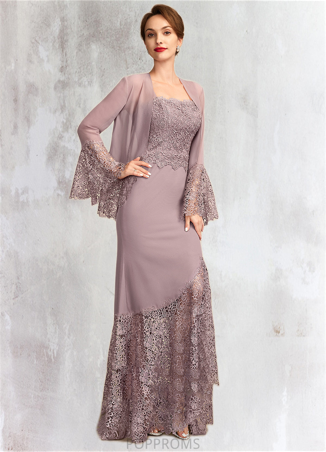 Evelin Trumpet/Mermaid Square Neckline Asymmetrical Chiffon Lace Mother of the Bride Dress PP6126P0015001